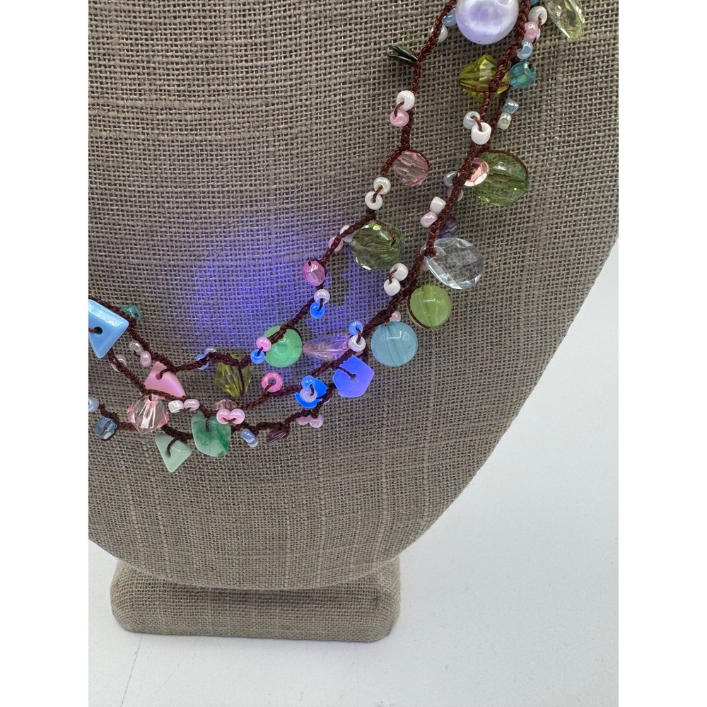 Boho Multi Strand Pastel Beaded Necklace UV Reactive Glass Pearl Mixed Media - Picture 8 of 10